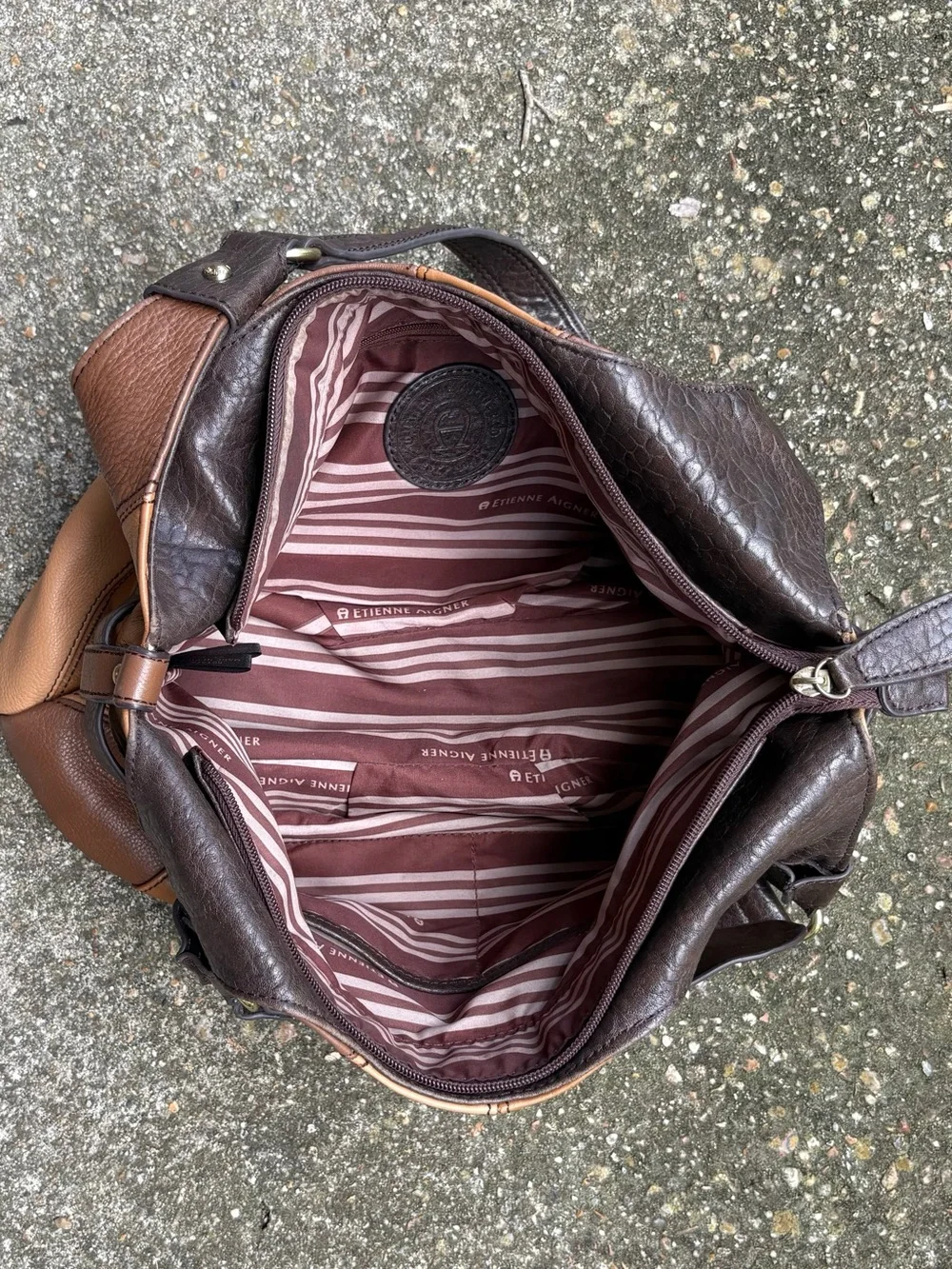 Vtg Etienne Aigner Hobo Brown Leather Colorblock Patchwork Bag Buckle Accent